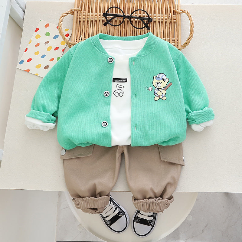 Autumn Children's New Three-Piece Comfortable Cardigan Cartoon Bear Print Long Sleeve Jacket Boys' Set Manufacturer Wholesale