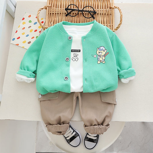 Autumn Children's New Three-Piece Comfortable Cardigan Cartoon Bear Print Long Sleeve Jacket Boys' Set Manufacturer Wholesale