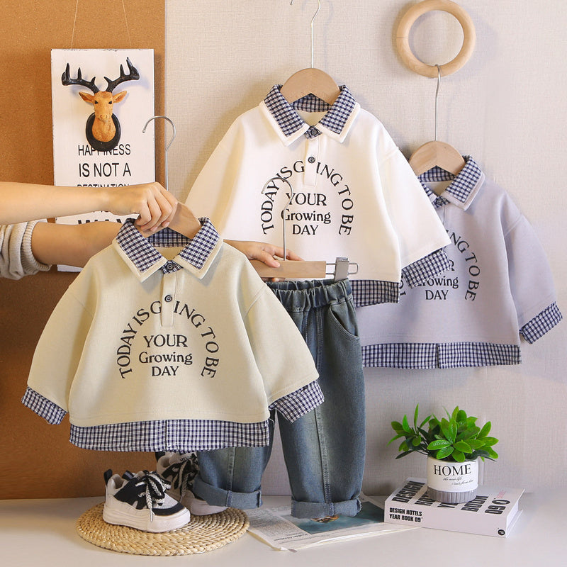 Baby Boy Spring Outfit, Boys' Plaid English Collar Two-Piece Set, Infant and Toddler Clothing, 2026 New Model