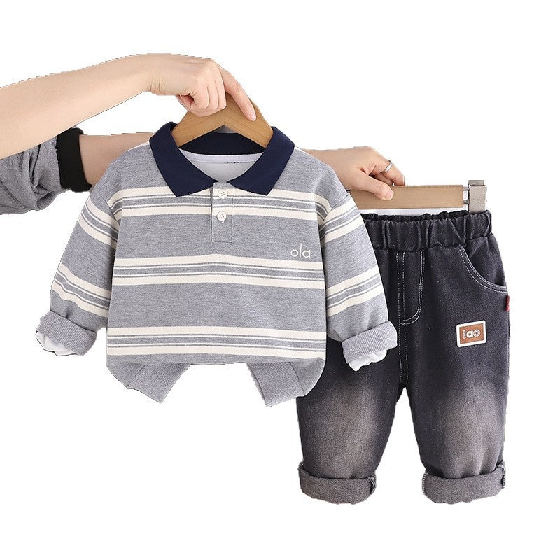 Boy's Trendy Stylish Striped Polo Suit 2026 New Model for 1-Year-Old Babies 3-Year-Olds, Boys' Spring and Autumn Clothing