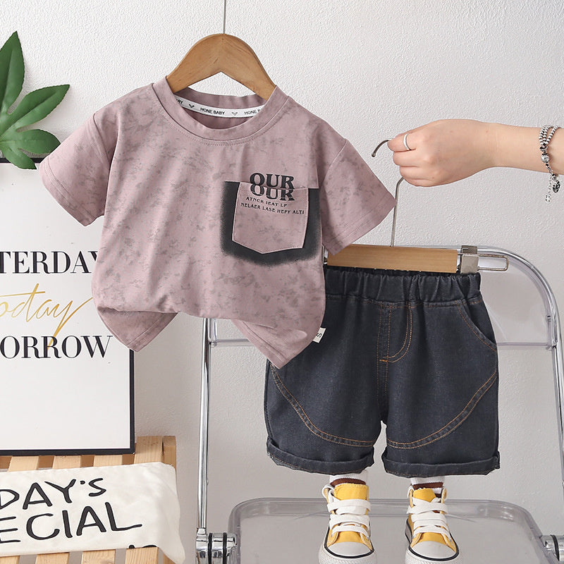 Boys' clothing, children's short-sleeve new style boys, summer letter-print two-piece set, stylish and trendy for ages 1-4