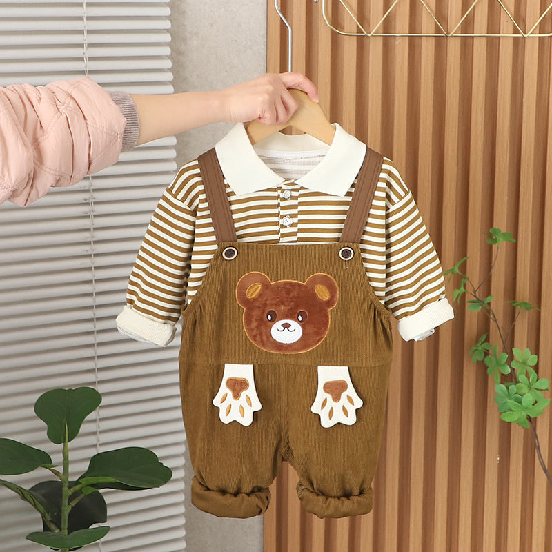 Boys' Striped Sweatshirt 2025 New Children's Spring and Autumn Stylish Cartoon Bear Overalls Two-Piece Set