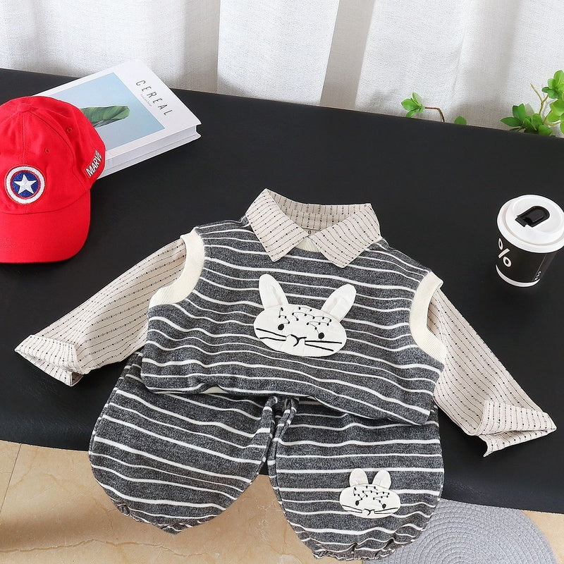 Children's Striped Rabbit Head Vest 2026 New Boys' Spring and Autumn Clothes Baby Three-Piece Set Wholesale