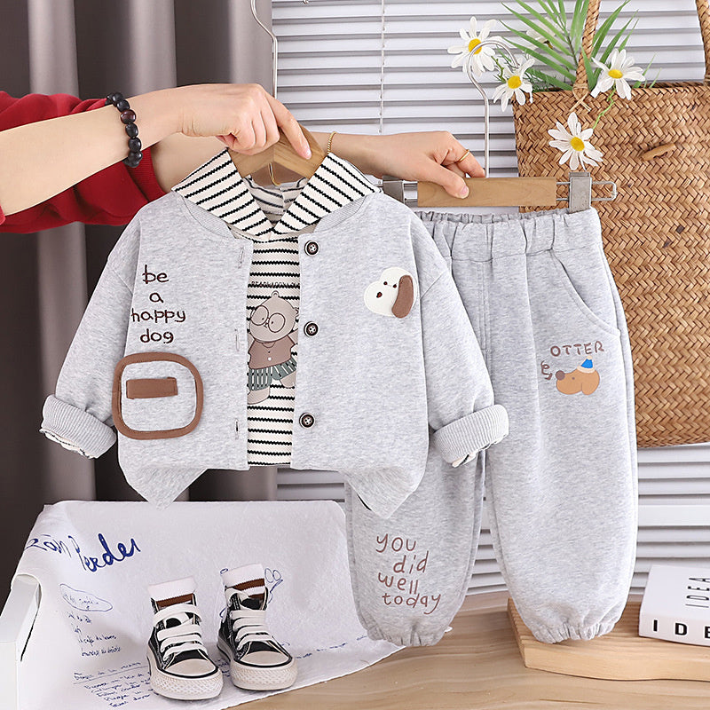 Boys' outfit set, stylish baby boy spring and autumn fashion trendy infant children's clothing striped puppy cardigan three-piece set