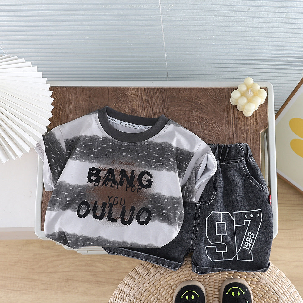 Boys' Summer Outfit 2026 New Stylish Korean Version Children's Gold-Embossed Wide-Striped Short-Sleeve Two-Piece Set Trendy Baby Clothes