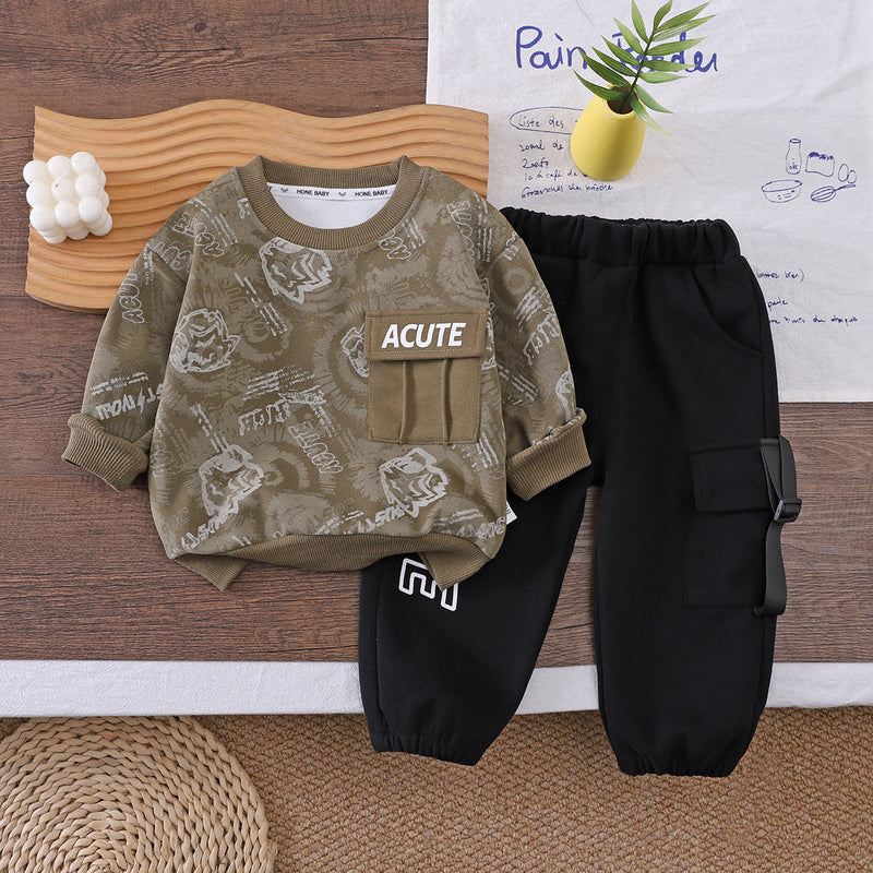 Boys' Outfit Spring and Autumn 2026 New Fashionable Children's Set, Toddler Baby Full-Print Long-Sleeve Sweatshirt Two-Piece Set Trendy