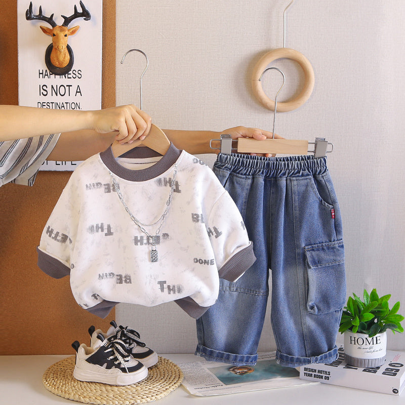 Boys' Spring Autumn Outfit 2026 New Style Baby Casual Round Neck Necklace Sweatshirt and Pants Two-Piece Set for 1-3-5 Years Old Trendy