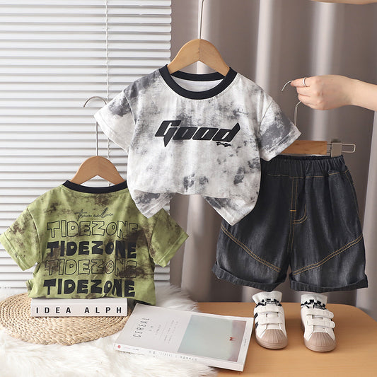 Children's Tie-Dye Letter Print Short Sleeve Set, New Summer Style for Boys, Cute and Stylish Casual Sports Two-Piece Outfit