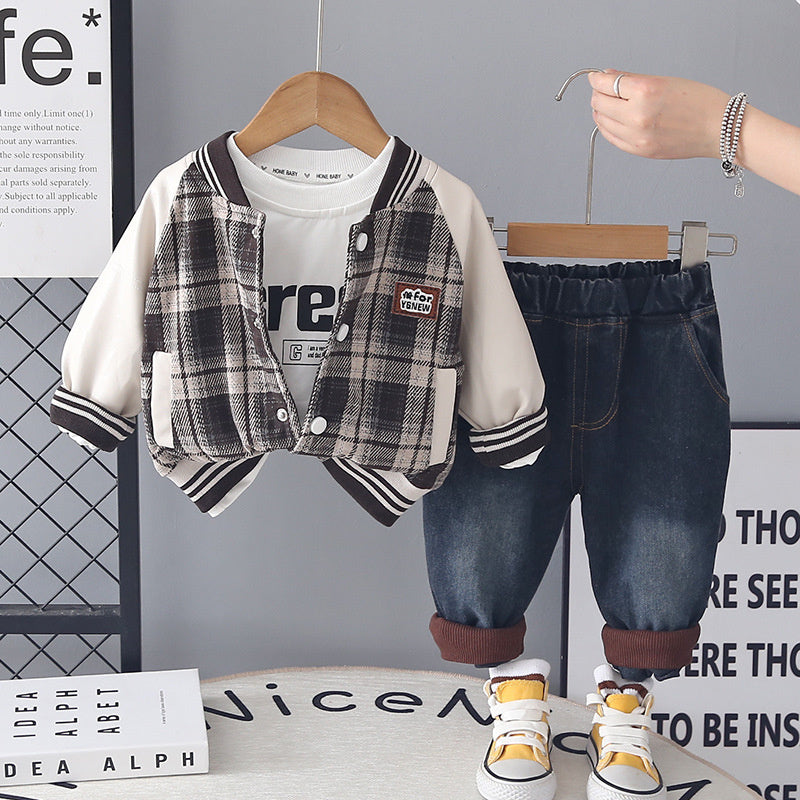 Boys' Spring Outfit Set, Stylish and Trendy 2026 New Clothes, Baby Boy Plaid Jacket Three-Piece Set