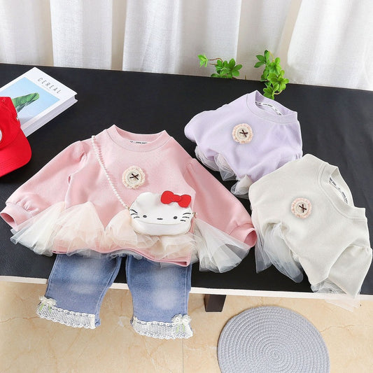 2026 New Girls' Spring and Autumn Outfit Baby Casual Stylish Sweatshirt Children's Long Sleeve Cat Bag Two-Piece Set