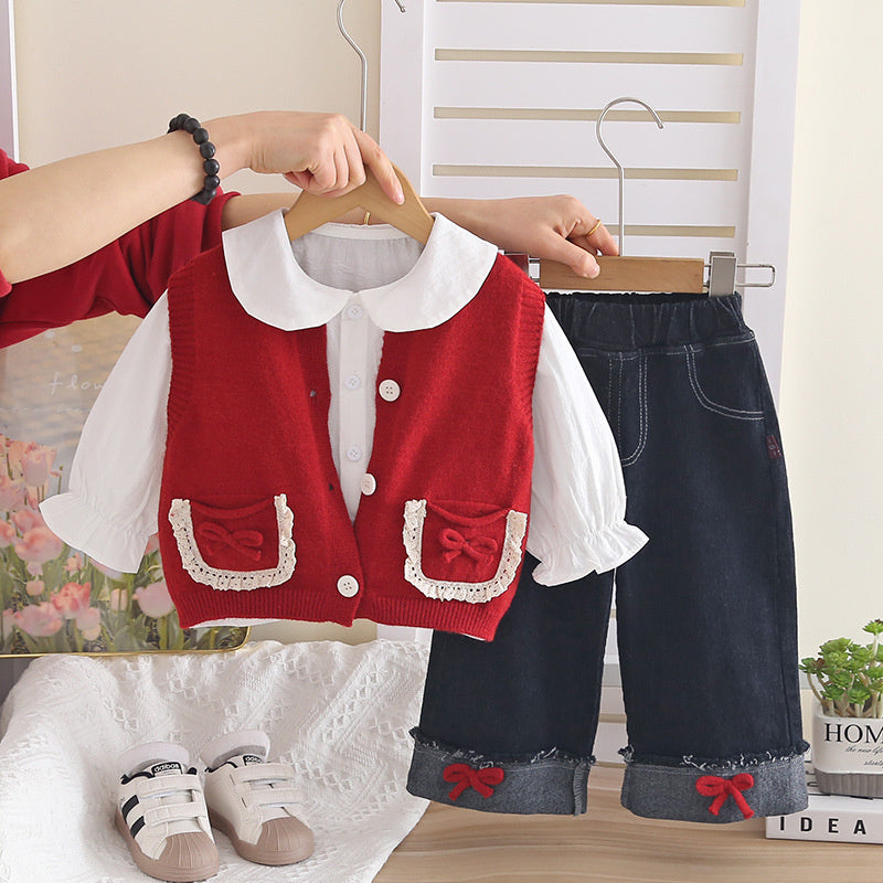 Girls' Outfit New Fashionable Trendy Baby Girl Pocket Cardigan Sweater Three-Piece Set Korean Style Spring and Autumn Fashion