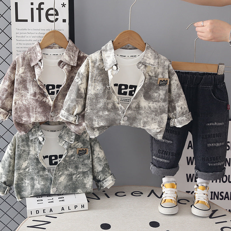Spring and Outfit 2026 New Style Boys' Autumn Clothes Children's Korean Version Full-Print Round Pocket Three-Piece Set Trendy Wholesale