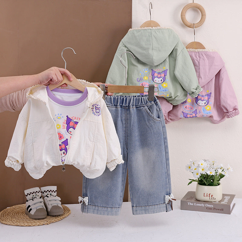 Baby outfit set, stylish children's clothing, toddler girl spring and autumn hooded cartoon jacket three-piece set