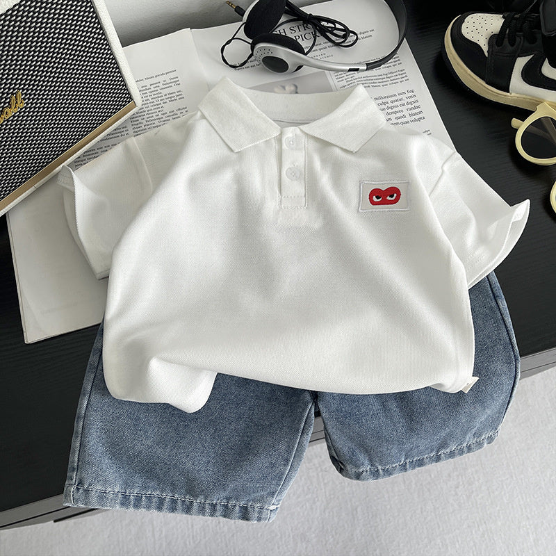 Boys' Outfit Set with Heart-Shaped Button Placket, Short Sleeve, 2026 New Model Children's Clothing for 3-Year-Old Boys, Summer Toddler Fashion