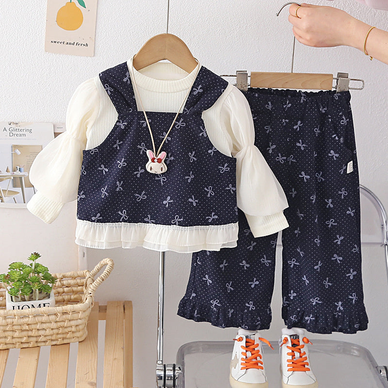 Girls' Autumn Three-Piece Set with Bunny Pendant 2026 New Fashionable and Stylish Spring Outfit for Baby Girls