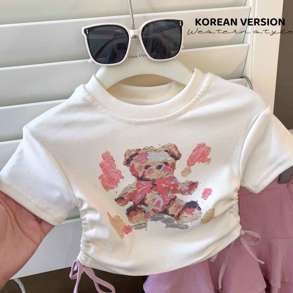 cute girls' t-shirt set, new summer drawstring top, Korean-style sweet and spicy two-piece skirt set