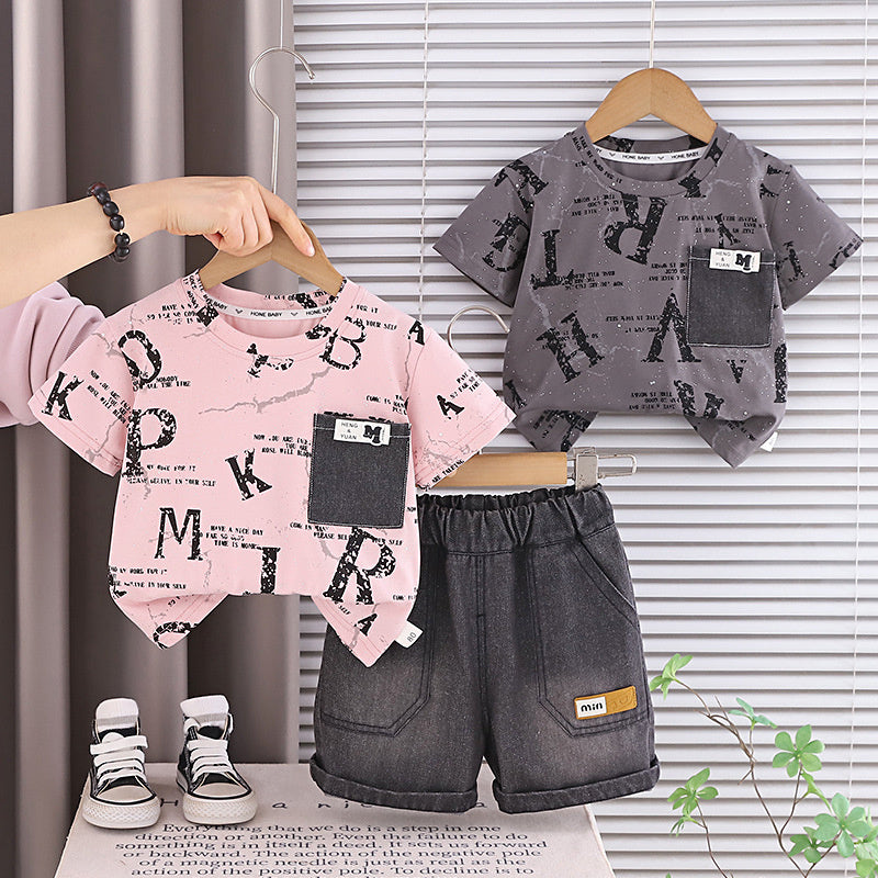 Boys' Outfit 2026 New Style Infant Children's English Pocket Short Sleeve Two-Piece Set Stylish Baby Summer Casual Wear