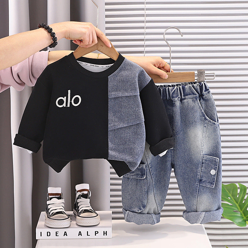Boys' Outfit Korean Style Children's Stylish Letter Color Block Sweatshirt 2026 New Baby Spring and Autumn Two-Piece Set Trendy