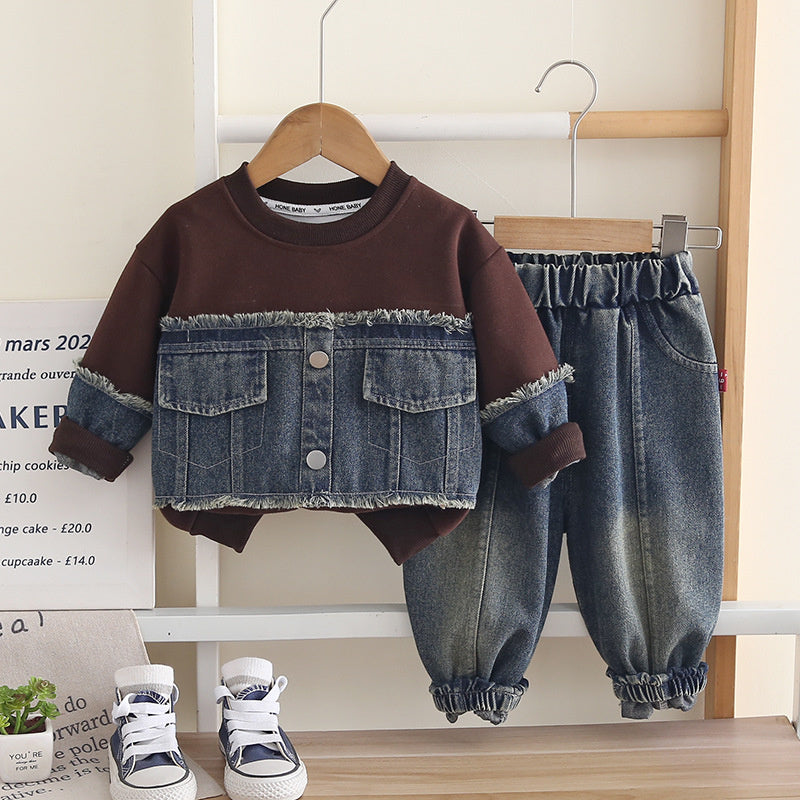 Boys' Outfit Baby 2026 New Fashionable Infant Spring and Autumn Denim Patchwork Sweatshirt Two-Piece Set Trendy
