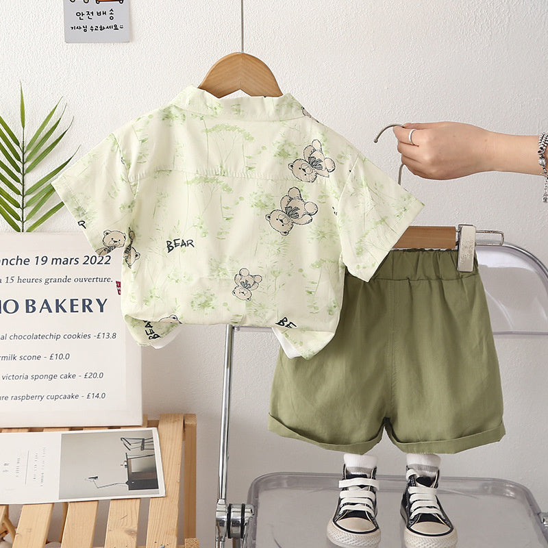 Boys' Outfit 2026 New Short-Sleeve Baby Boy Toddler Clothes Summer Bear Shirt Three-Piece Set Trendy