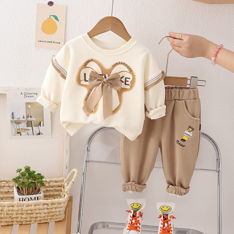 Children's Spring Autumn Bowknot Long-Sleeve Sweatshirt Baby Outfit, Stylish and Casual Two-Piece Set with Long Pants for Girls