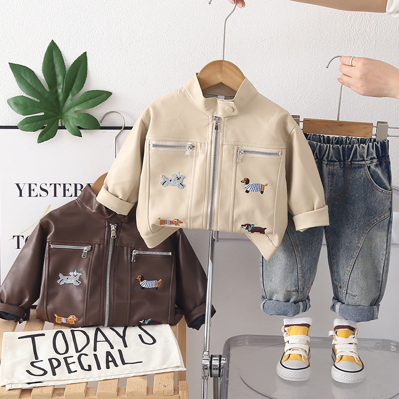 Boys' and Autumn Stand-Collar Leather Jacket Two-Piece Set, Stylish Children's Clothing for 1-Year-Old Boys, Trendy Spring Outfit