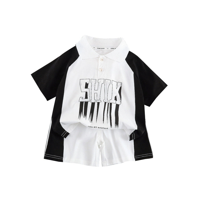 Children's Summer Outfit 2026 New Model for Young Boys, Collared Color-Block Letter Print Short Sleeve Shirt and Shorts Two-Piece Set, Trendy
