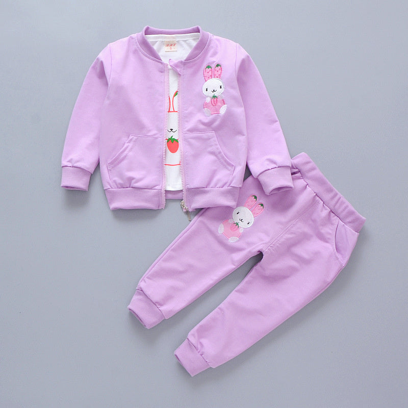Children's clothing stylish outfit 2026, spring and autumn wear 2-3 year old little girls, long-sleeved cartoon three-piece set for toddlers 7