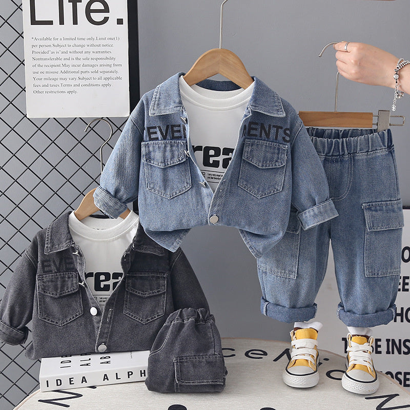 Boys' Spring Outfit 2026 New Fashionable Letter Denim Casual Three-Piece Set Children, Trendy and Stylish for Autumn
