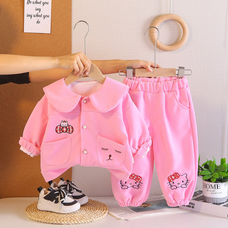 Girls' Spring Outfit: Stylish Bowknot Cat Two-Piece Set, Cute Cartoon Clothes for Toddlers, Trendy Infant Clothing