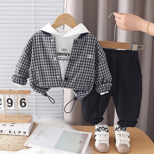Boys' Outfit Toddler Baby Spring and Autumn Plaid Three-Piece Set 2026 New Jacket for 1-3 Year Old Children's Clothing