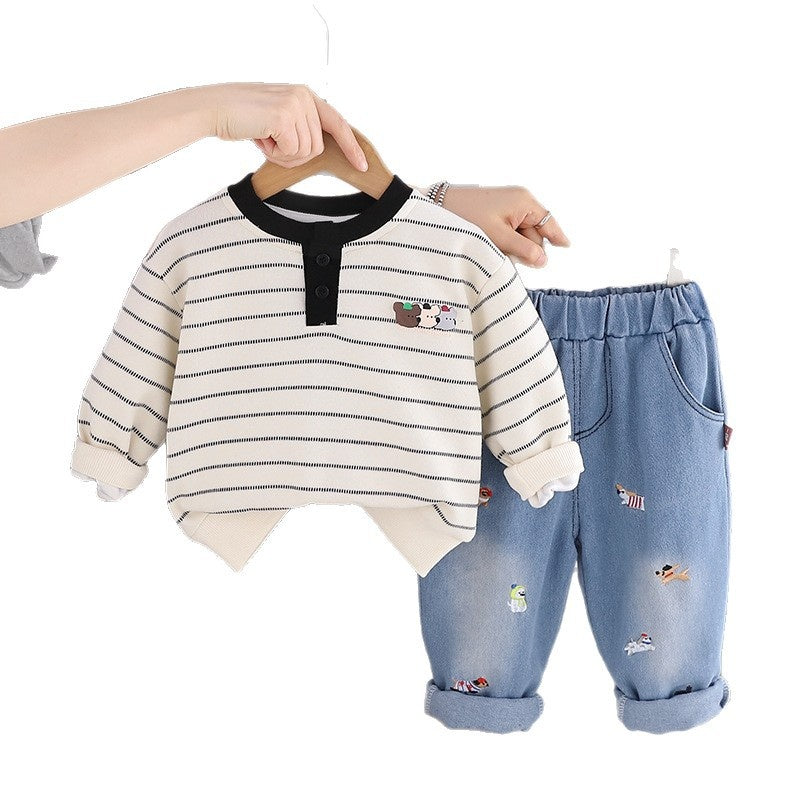 Boys' Outfit 2026 New Striped Patchwork Sweatshirt Two-Piece Set Baby Spring Stylish Toddler Clothes Children's Clothing