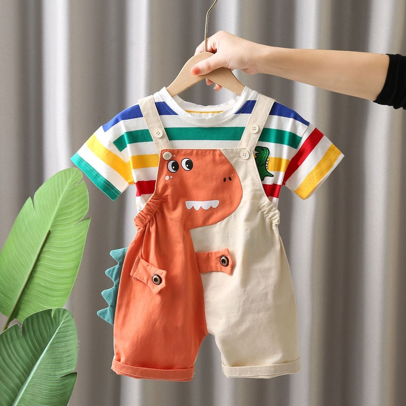 Children's Clothing Short Sleeve Set 205 New Summer Boys and Girls Kids Infant Cartoon Color Striped Dinosaur Suspender Shorts