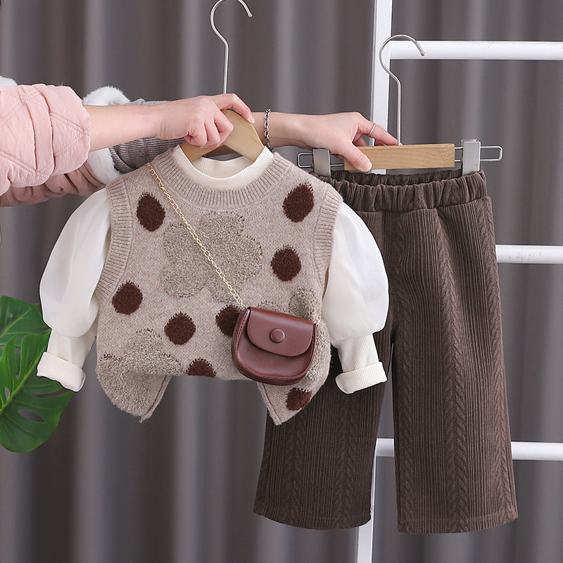 Clothes Stylish Sweet Bag Three-Piece Set One-Year-Old Baby Girl Fashionable Versatile Spring and Autumn Outfit