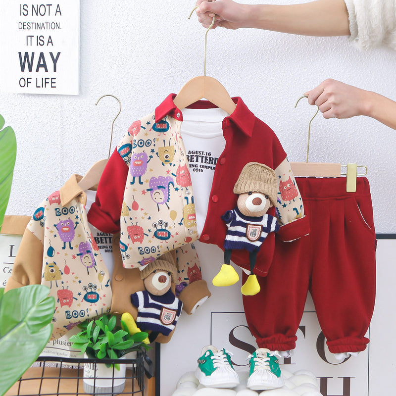 Children's Clothing Boys Spring and Autumn 2025 New Fashionable Baby Patchwork 3D Bear Three-Piece Set Dropshipping
