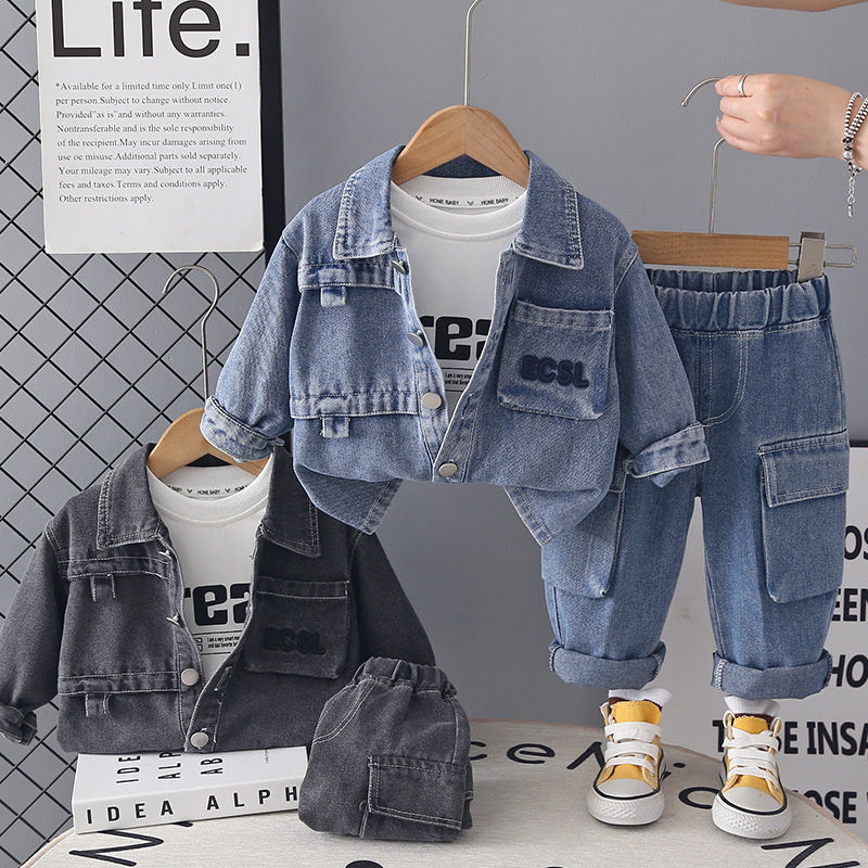 Boys' Baby Letter Embossed Pocket Denim Three-Piece Set 2026 New Stylish Autumn Outfit for Children Wholesale