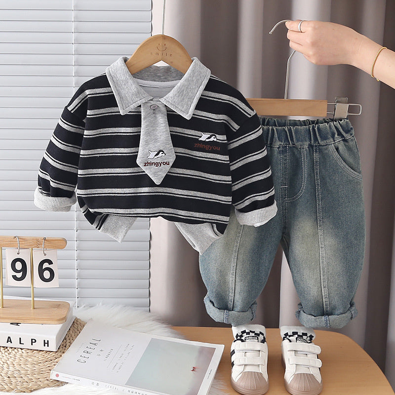Boys' striped tie Polo suit, stylish and autumn children's Korean-style clothing, fashionable baby spring outfit