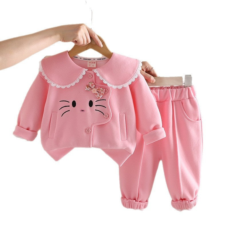 Girls' Spring and Outfit 2026 New Fashionable Baby Cat Two-Piece Set Children's Infant Autumn Casual Clothes