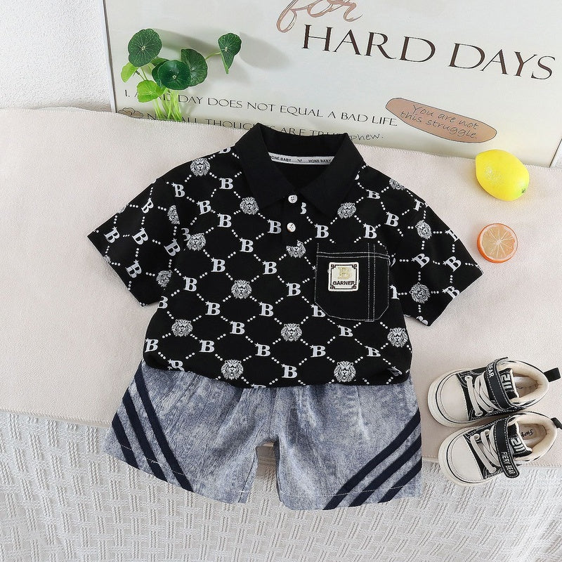Boys' Outfit 2026 New Summer Fashionable Letter Polo Shirt Short Sleeve Shorts Two-Piece Set for Baby Boys