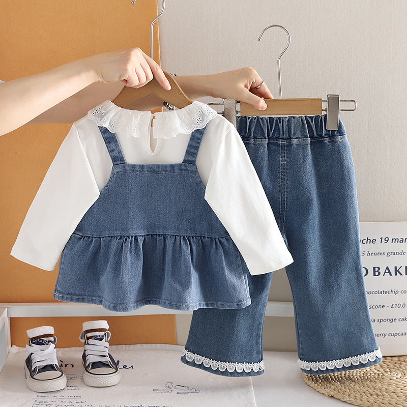 Girls' Spring and Outfit 2026 New Fashionable Children's Love-Heart Denim Suspender Three-Piece Set Baby Autumn Trend Wholesale