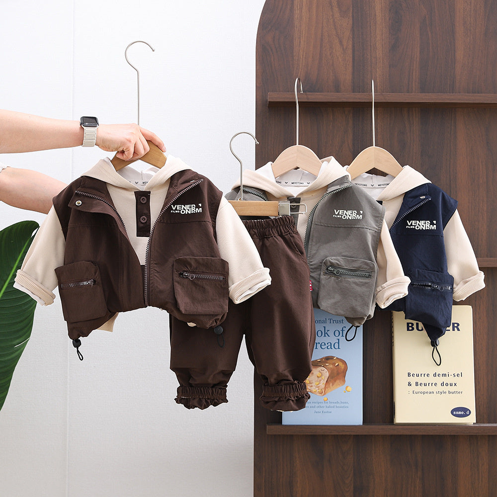 Stylish Boys' and Autumn Outfit 2026 New Spring Collection Baby Three-Piece Set with Double 3D Pocket Vest Trendy