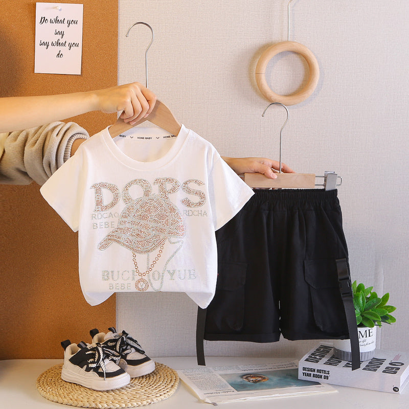 2026 Foreign Trade Summer Round Neck Rhinestone Children's Printed Thin T-shirt and Denim Two-piece Set Wholesale 3