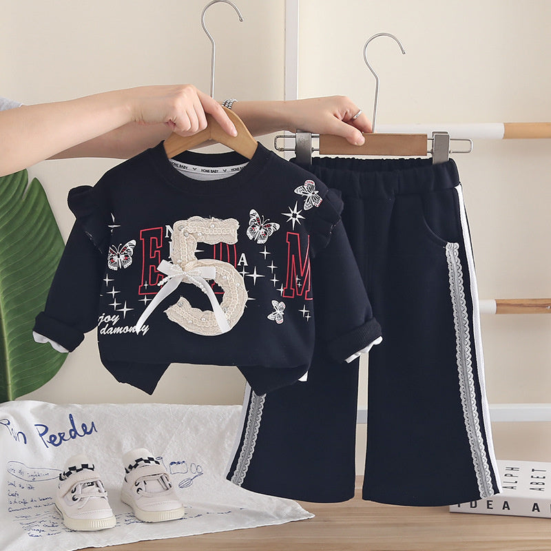 Girls' Fashionable Sporty Digital Print Bow Sweatshirt Set Baby Autumn Stylish Infant Children's Clothing Wholesale