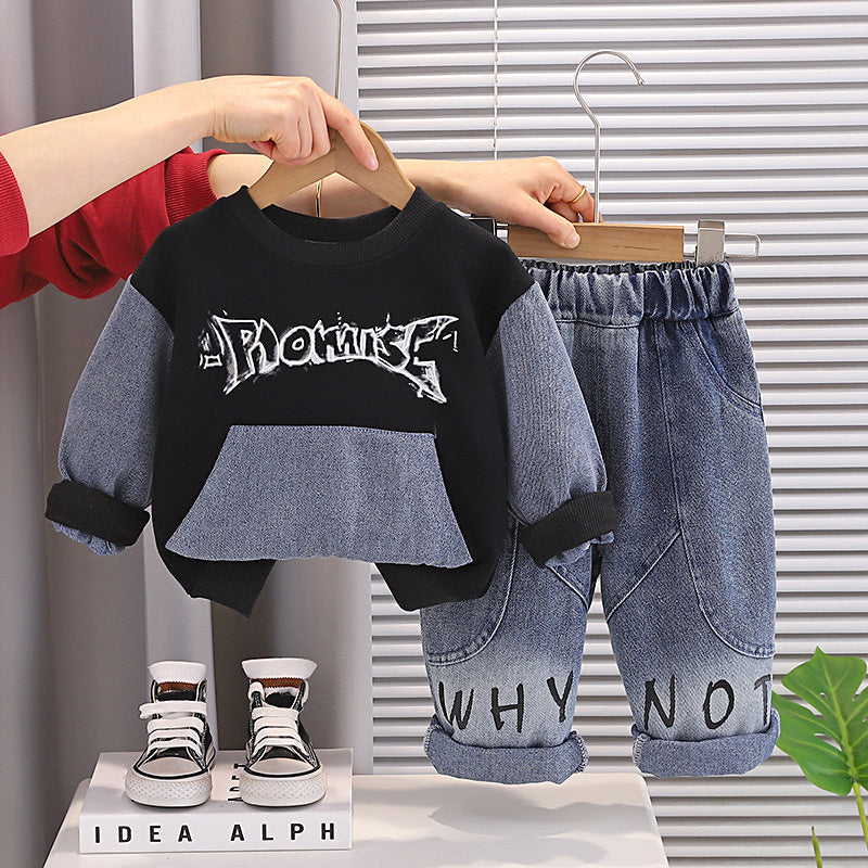Boys' Outfit 2026 New Fashionable Denim Pocket Sweatshirt Set Baby Autumn Stylish Trendy Infant Children's Fashion