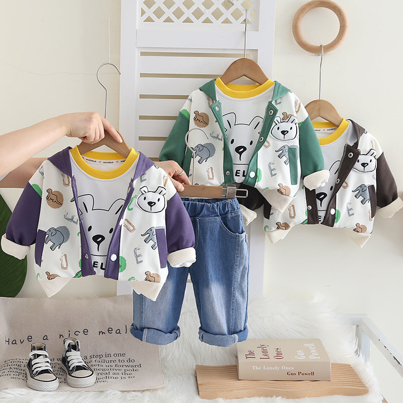 Boys' Stylish Spring and Set 2025 New Autumn Baby Full Print Animal Color Block Three-Piece Fashionable Toddler