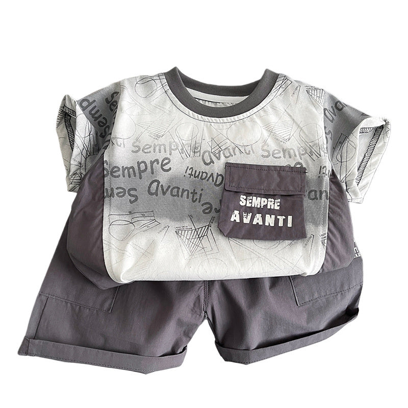 Boys' Summer Outfit 2026 New Style Infant Children's Clothing Thin for 1-3 Years Old, Baby English Pocket Short Sleeve Two-Piece Set