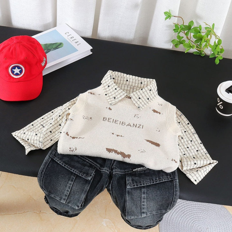 Boys' Autumn Sweater Vest Set 2026 New Fashionable Baby Plaid Shirt Casual Trendy Three-Piece Outfit