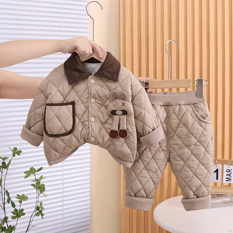 Boys' Autumn and Thickened Jacket with Fleece, Baby Cartoon Plaid Two-Piece Set, Trendy Children's Winter Outfit