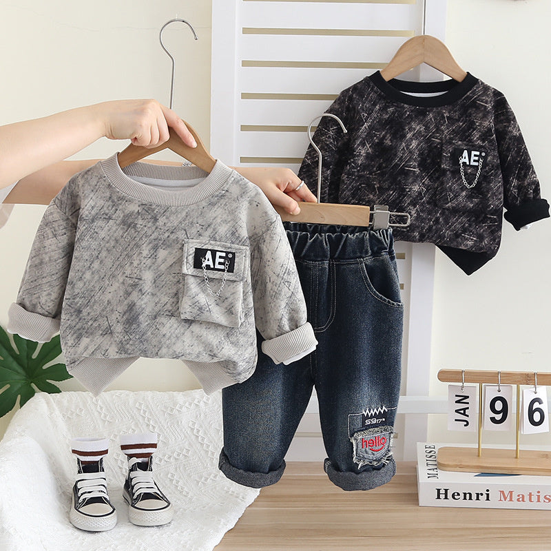 Spring New Children's Clothing Korean Style Boys' Sweatshirt and Jeans Two-Piece Set Toddler Autumn Outfit