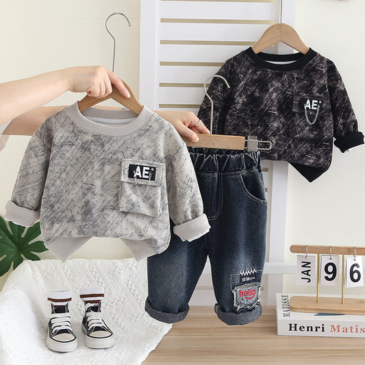 Spring New Children's Clothing Korean Style Boys' Sweatshirt and Jeans Two-Piece Set Toddler Autumn Outfit
